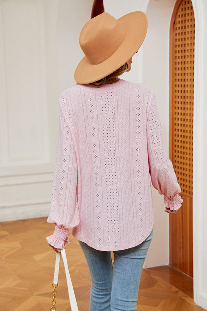 Notched Neck Flounce Sleeve Blouse Fitggins