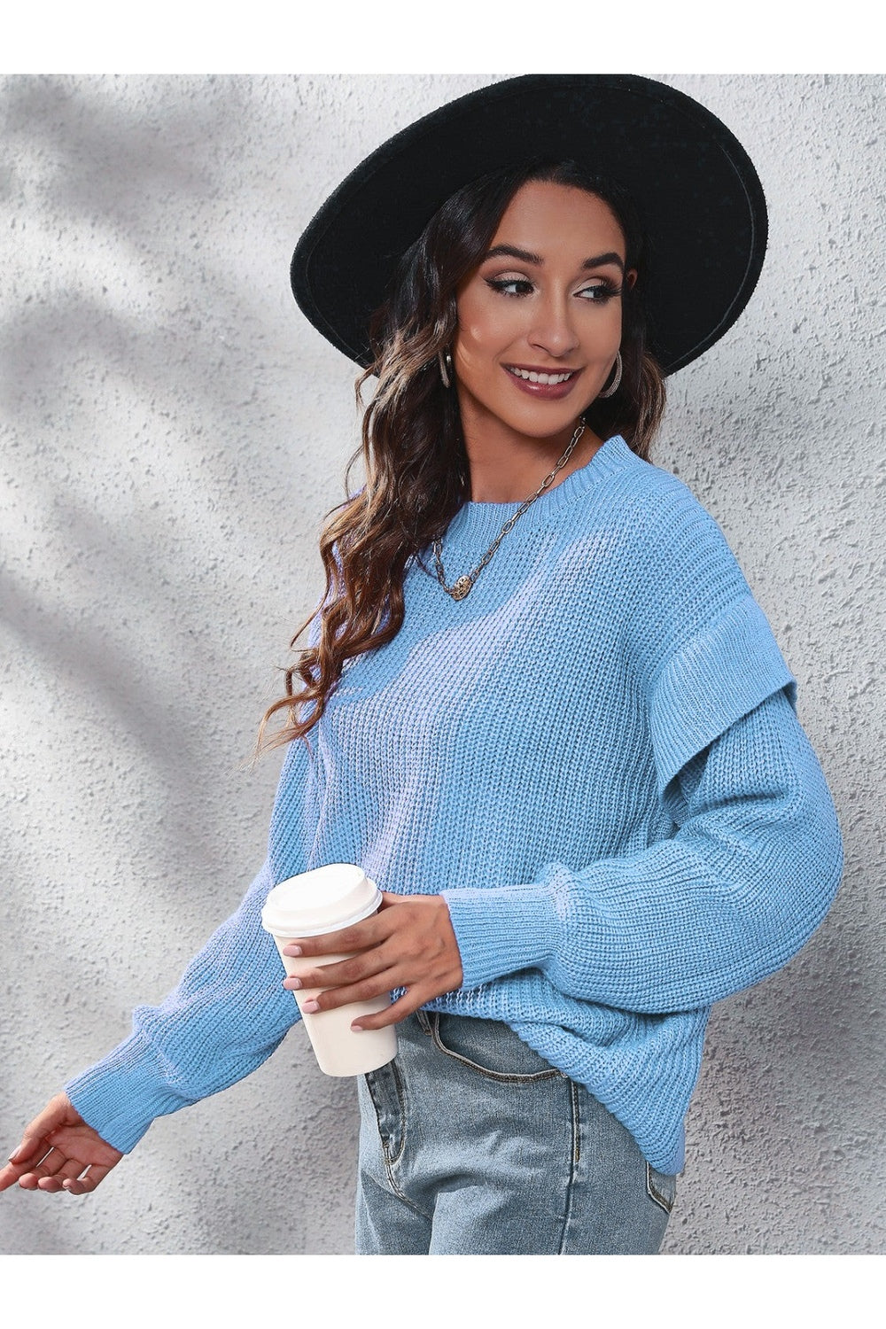 Ruffled Round Neck Dropped Shoulder Sweater - Pullover Sweaters - FITGGINS