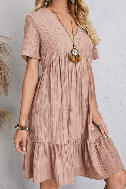 Full Size Ruched V-Neck Short Sleeve Dress - Casual & Maxi Dresses - FITGGINS