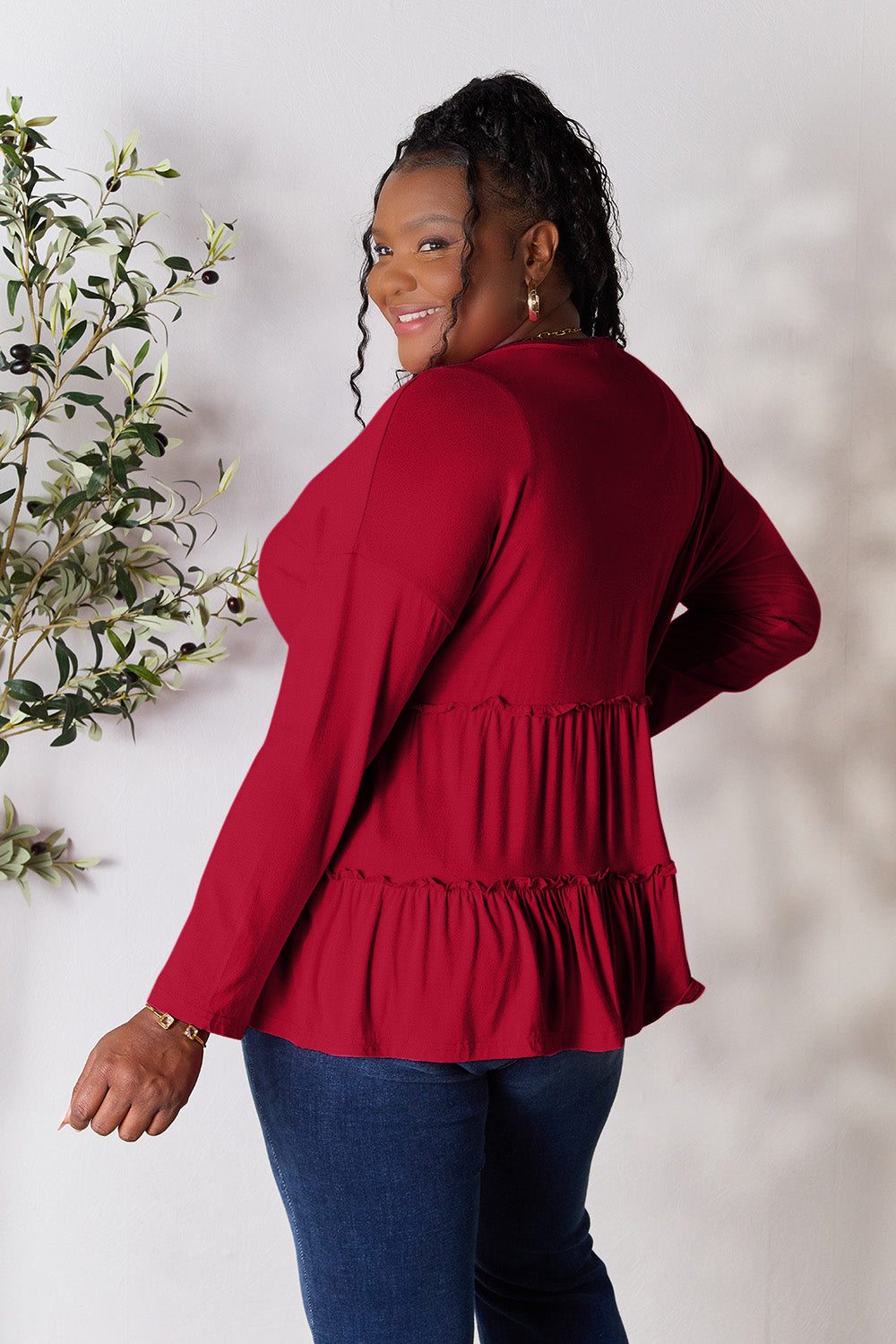 Double Take Half Button Long Sleeve Ruffle Hem Blouse - Blouses - FITGGINS