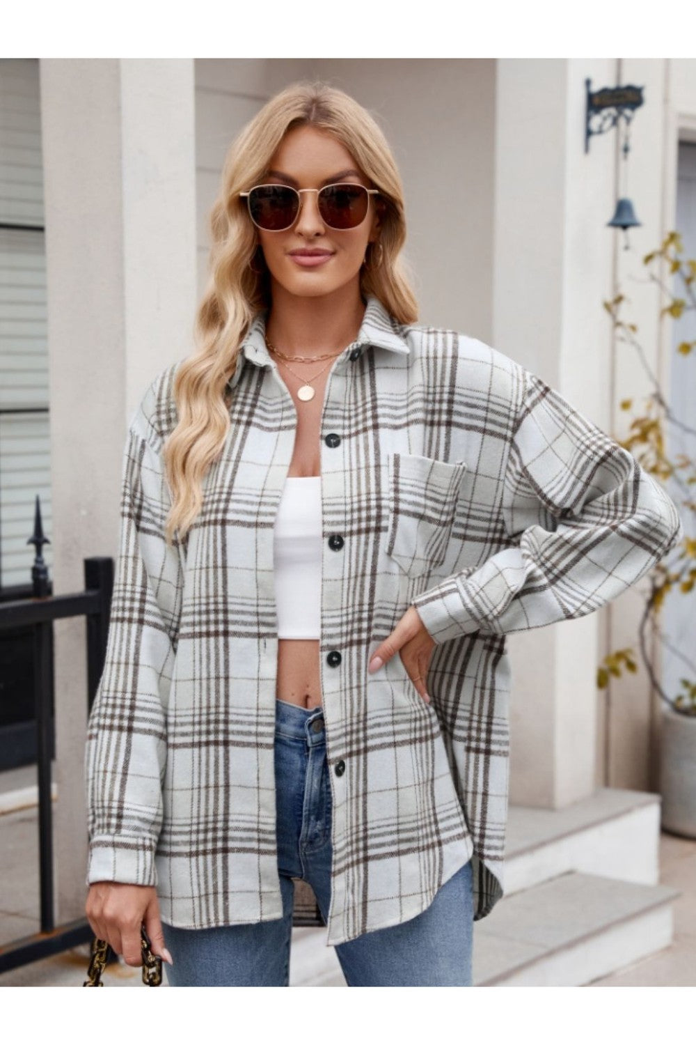 Mandy Pocketed Plaid Collared Neck Long Sleeve Shirt - Shirts - FITGGINS