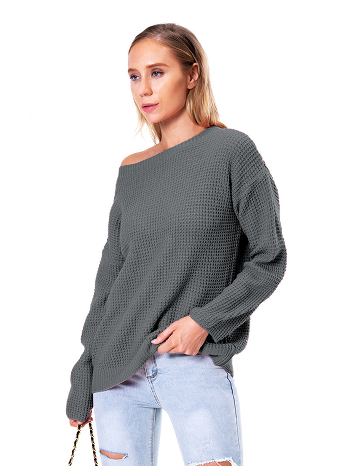 Boat Neck Drop Shoulder Long Sleeve Sweater Fitggins