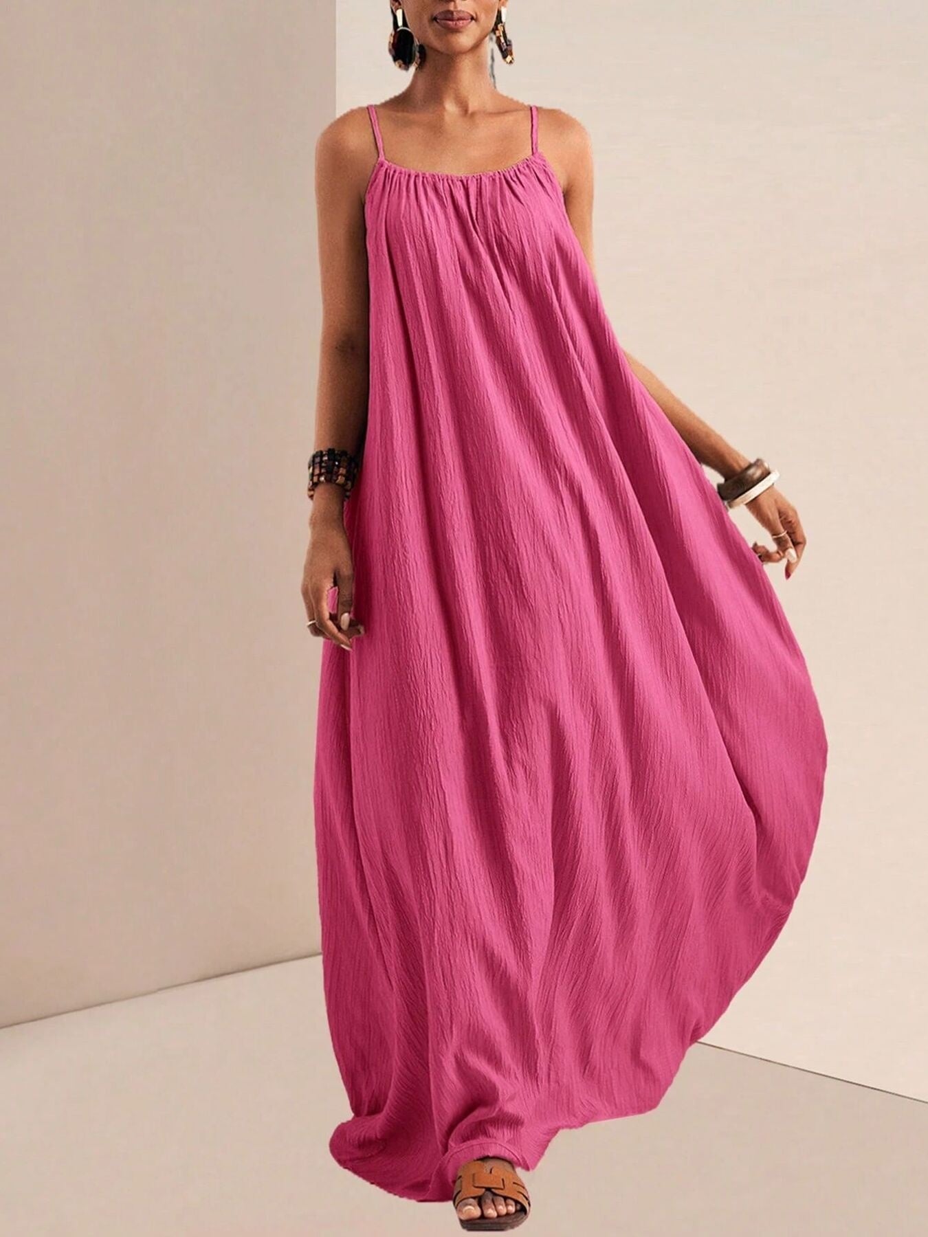 Spaghetti Strap Flowy Maxi Dress Fuchsia Pink Fitggins