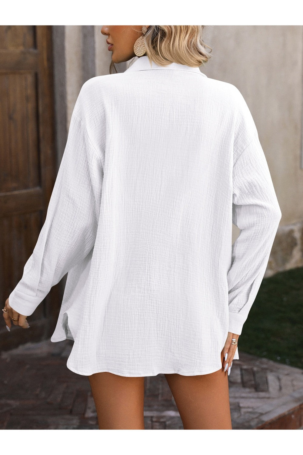 Mandy Textured Button-Up Shirt with Dropped Shoulders Fitggins