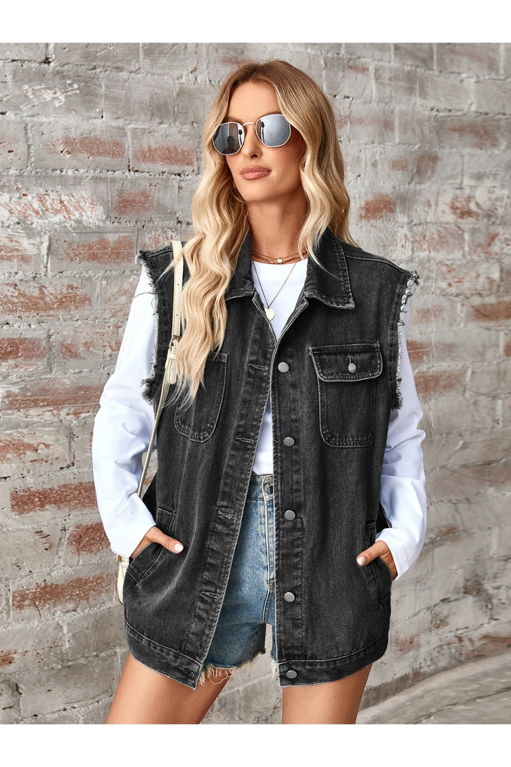 Raw Hem Sleeveless Button Up Denim Jacket - Denim Jackets - FITGGINS