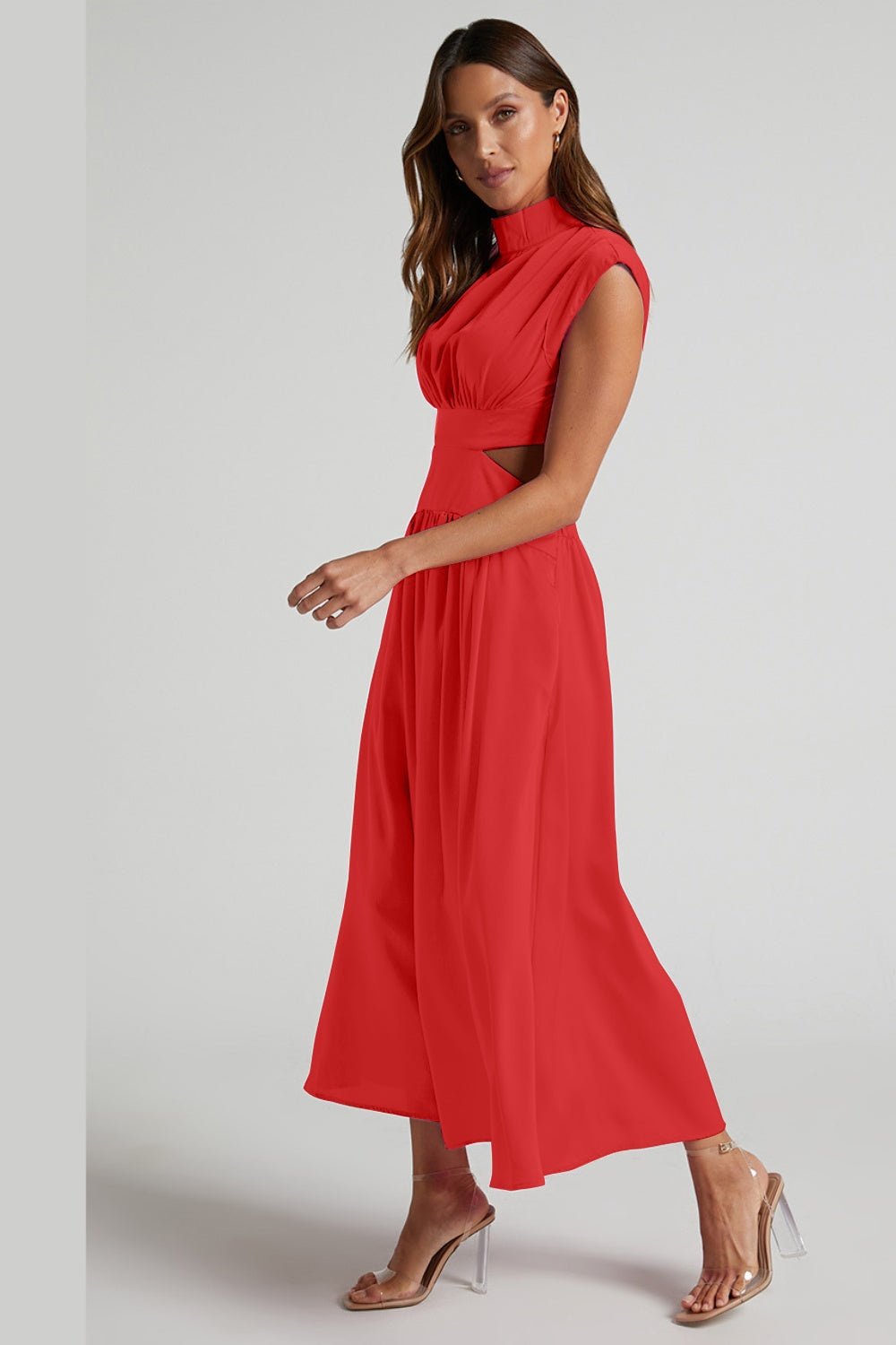 Cutout Mock Neck Sleeveless Ruched Dress - Cocktail Dresses - FITGGINS