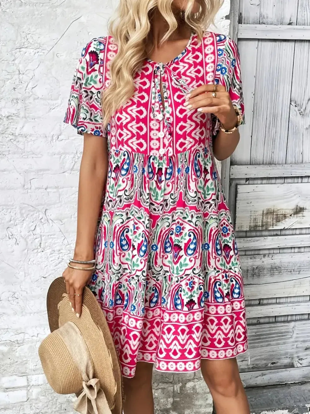 Printed Tie Neck Short Sleeve Dress Fitggins