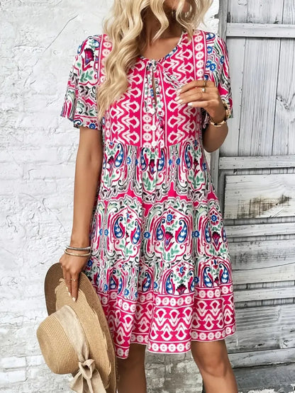 Printed Tie Neck Short Sleeve Dress Fitggins