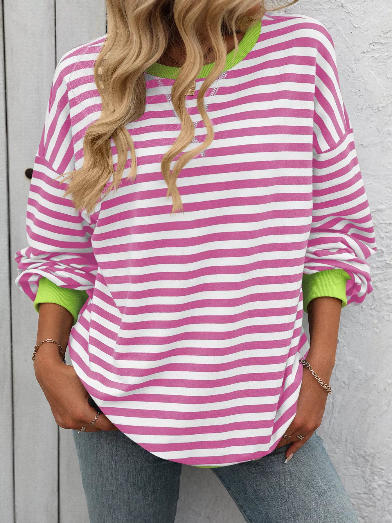 Striped Round Neck Dropped Shoulder Sweatshirt Fitggins