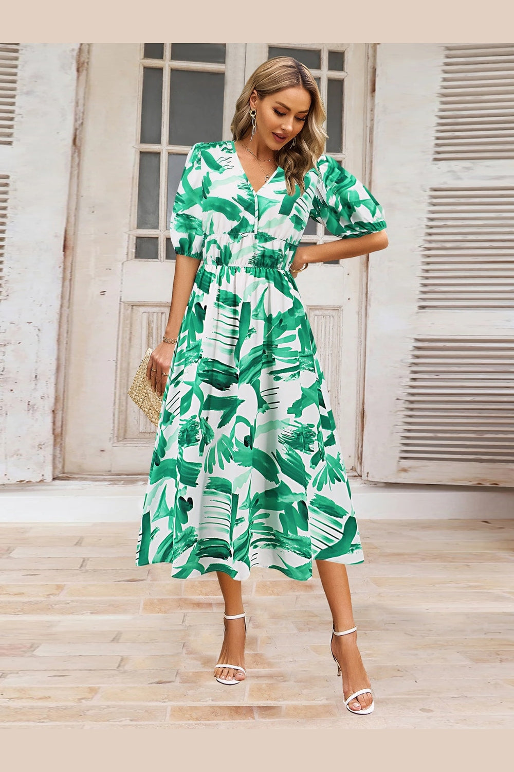 Ruched Printed Surplice Short Sleeve Dress - Casual & Maxi Dresses - FITGGINS