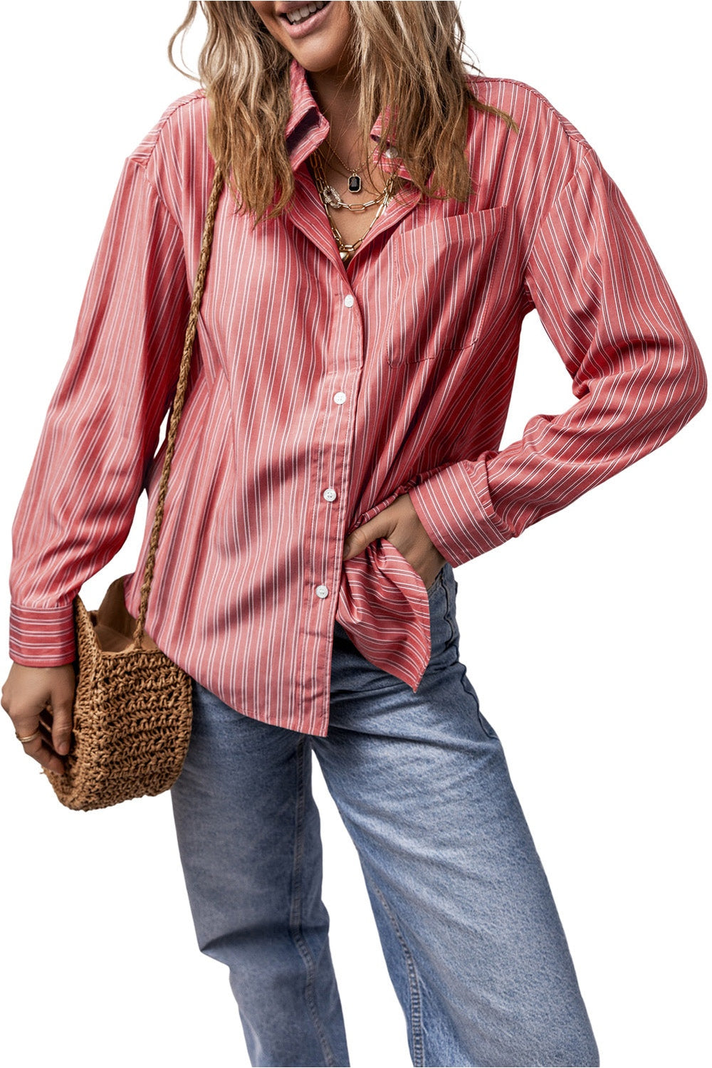 Striped Button Up Long Sleeve Shirt - Shirts - FITGGINS