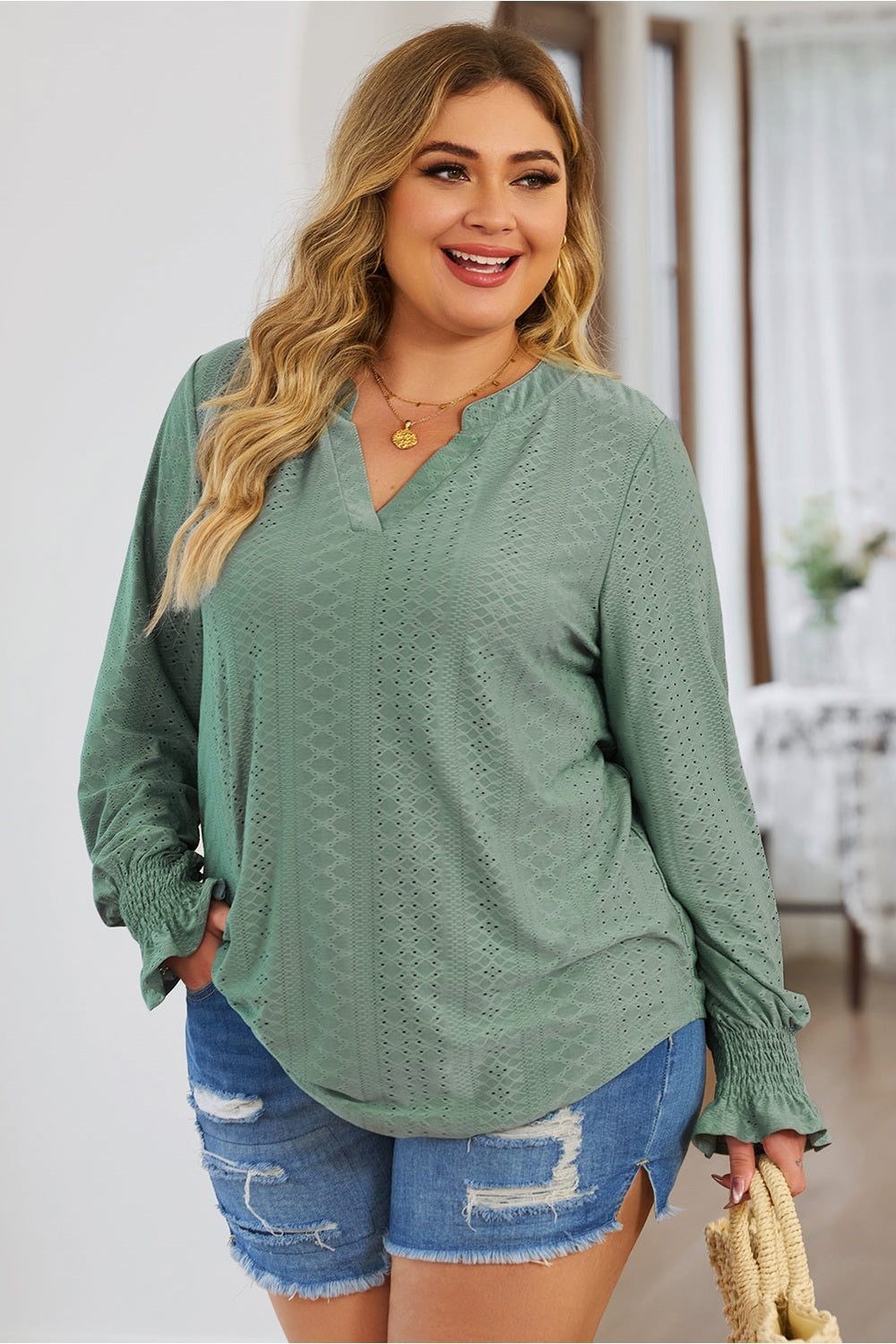 Plus Size Eyelet Notched Flounce Sleeve Blouse - Blouses - FITGGINS