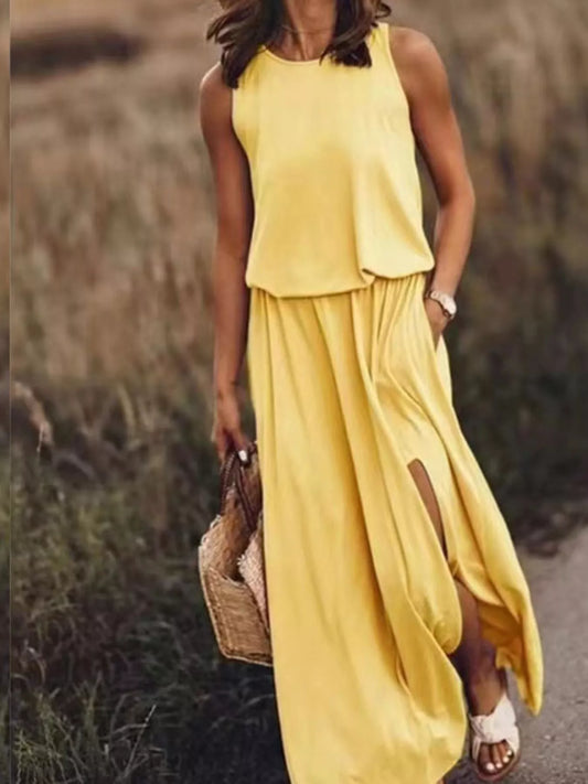 Full Size Round Neck Sleeveless Slit Maxi Dress Plus Size Yellow Fitggins