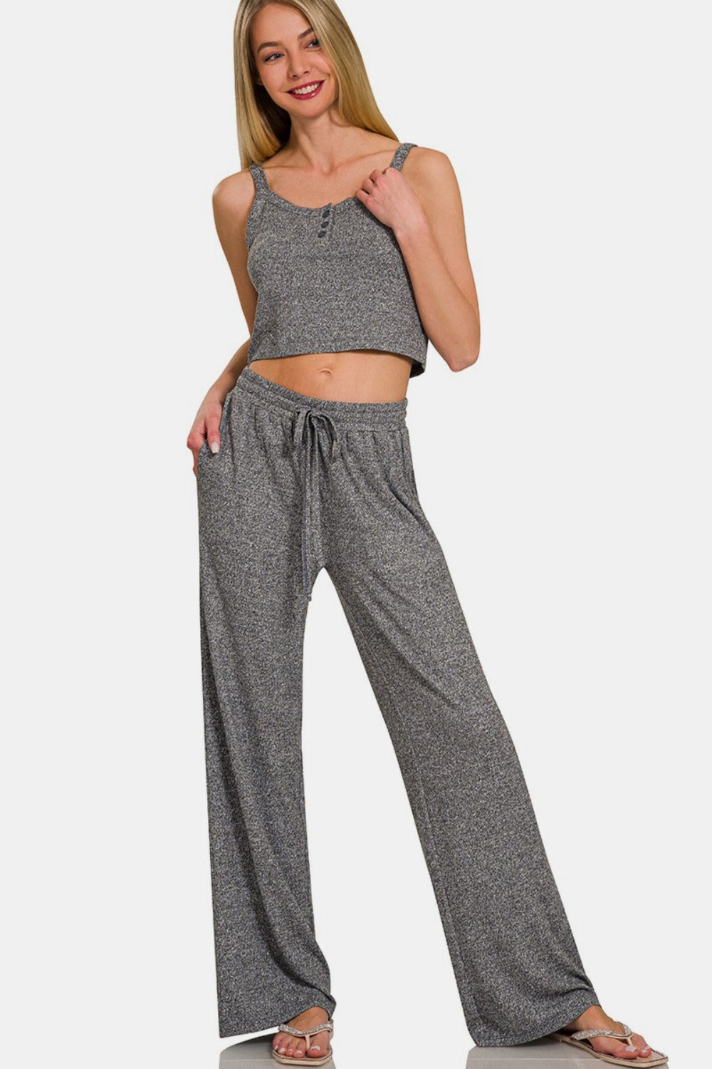 Zenana Drawstring Wide Leg Pants with Side Pockets - Pants - FITGGINS