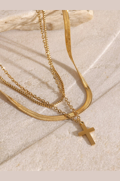 18K Gold-Plated Three-Layered Cross Necklace - Necklaces - FITGGINS