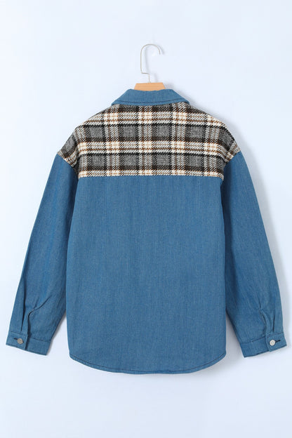 Plaid Pocketed Button Up Denim Jacket - Denim Jackets - FITGGINS