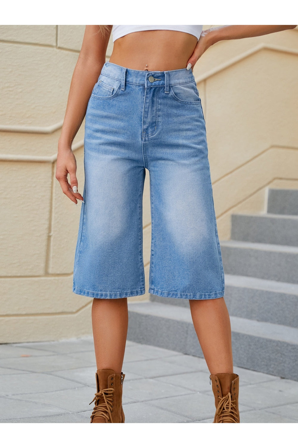 High Waist Denim Shorts with Pockets - Denim Shorts - FITGGINS