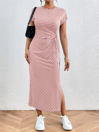 Honey Tied Striped Round Neck Short Sleeve Tee Dress Fitggins