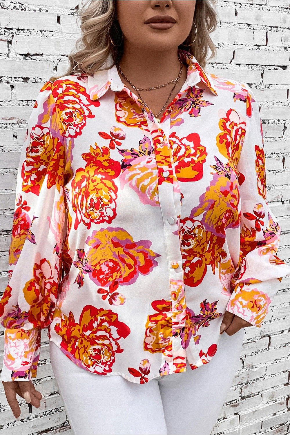 Plus Size Printed Long Sleeve Shirt - Shirts - FITGGINS