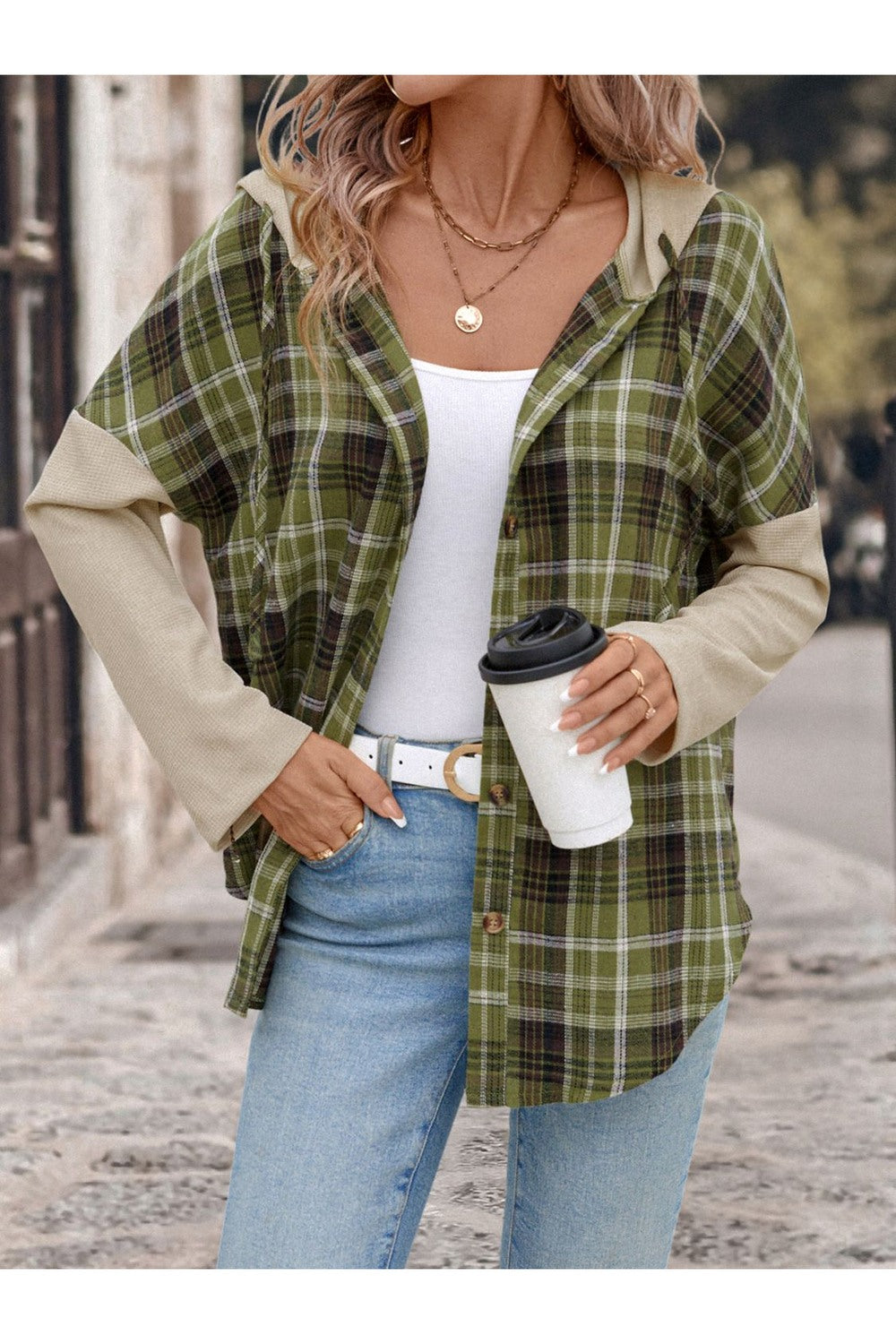 Perfee Drawstring Plaid Long Sleeve Hooded Shirt - Shirts - FITGGINS