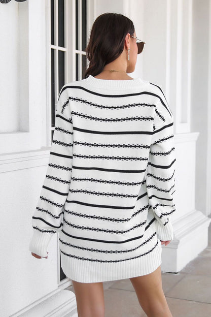 Striped V-Neck Sweater Dress - Sweater Dresses - FITGGINS