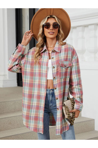 Plaid Collared Neck Long Sleeve Shirt - Shirts - FITGGINS