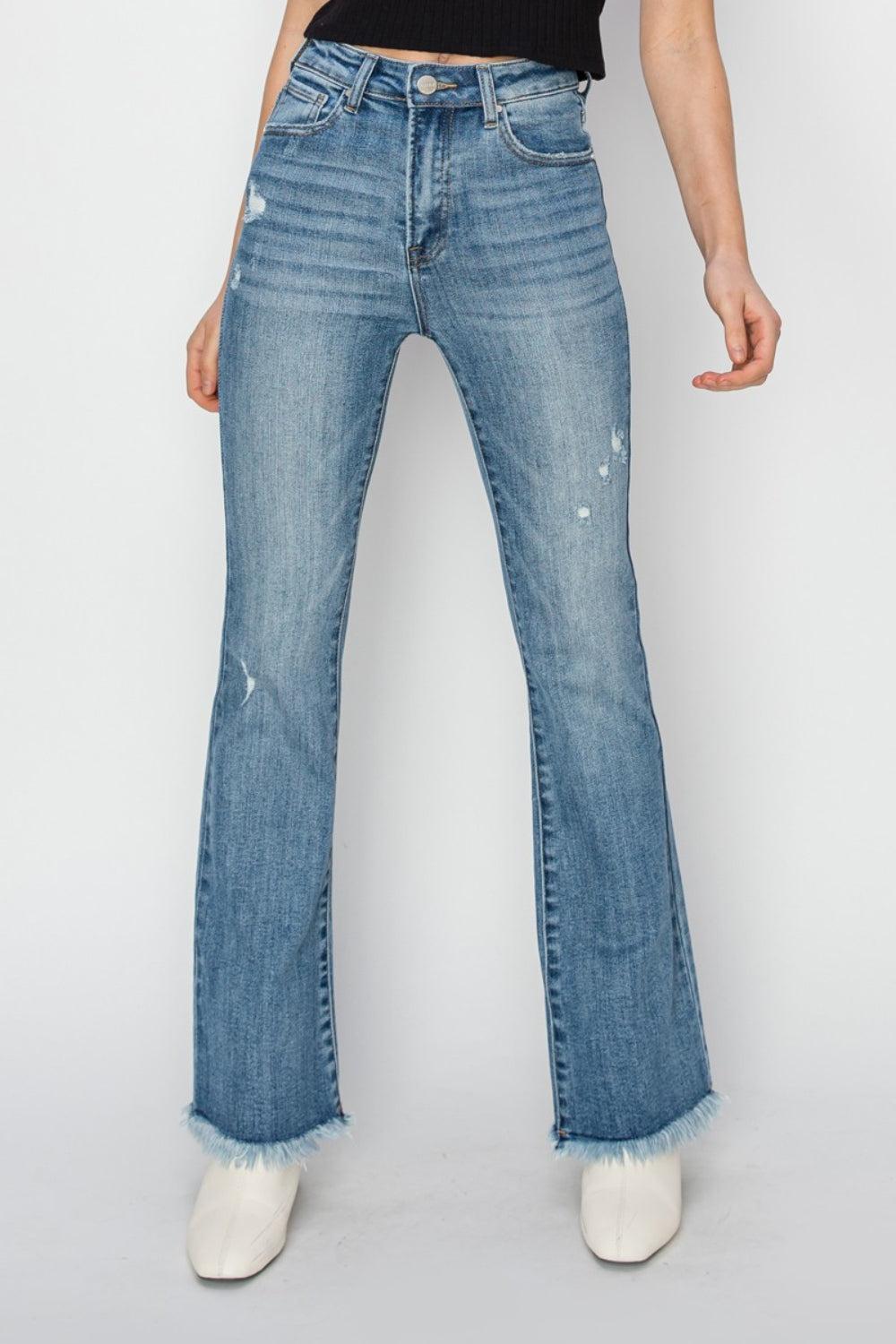 RISEN High Rise Frayed Hem Bootcut Jeans - Jeans - FITGGINS