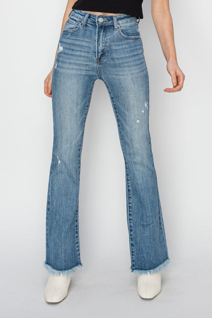 RISEN High Rise Frayed Hem Bootcut Jeans - Jeans - FITGGINS