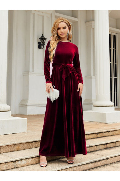 Tie Front Round Neck Long Sleeve Maxi Dress - - FITGGINS