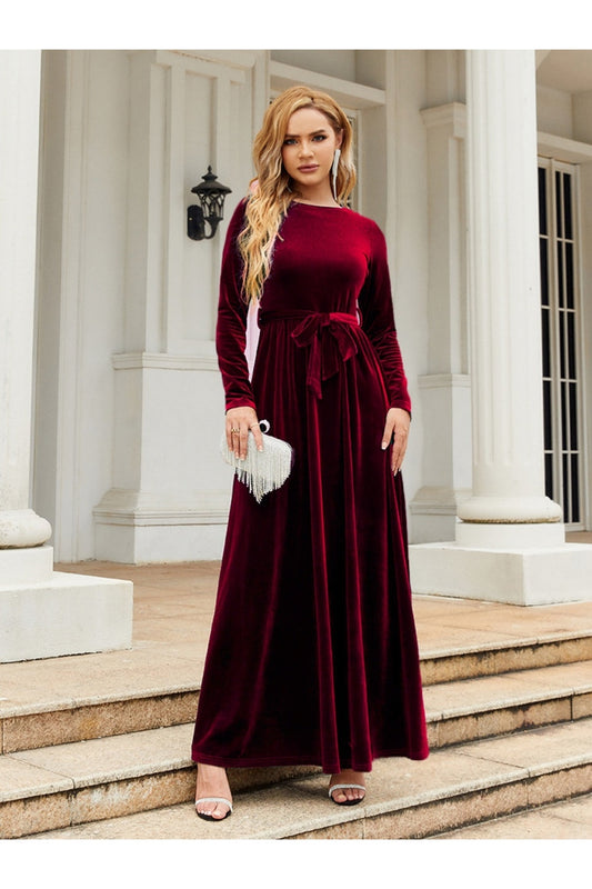 Tie Front Round Neck Long Sleeve Maxi Dress - - FITGGINS