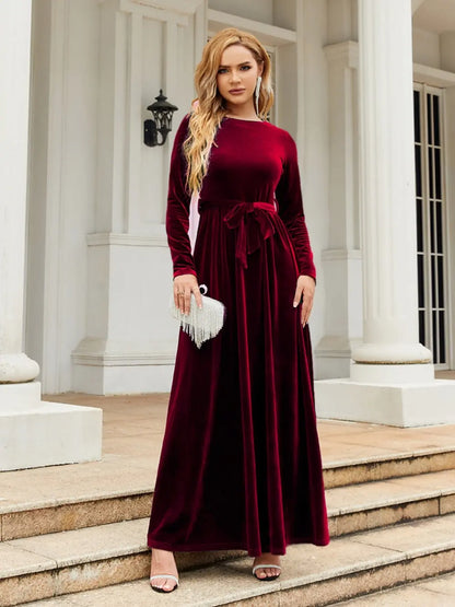 Tie Front Round Neck Long Sleeve Maxi Dress Burgundy Fitggins