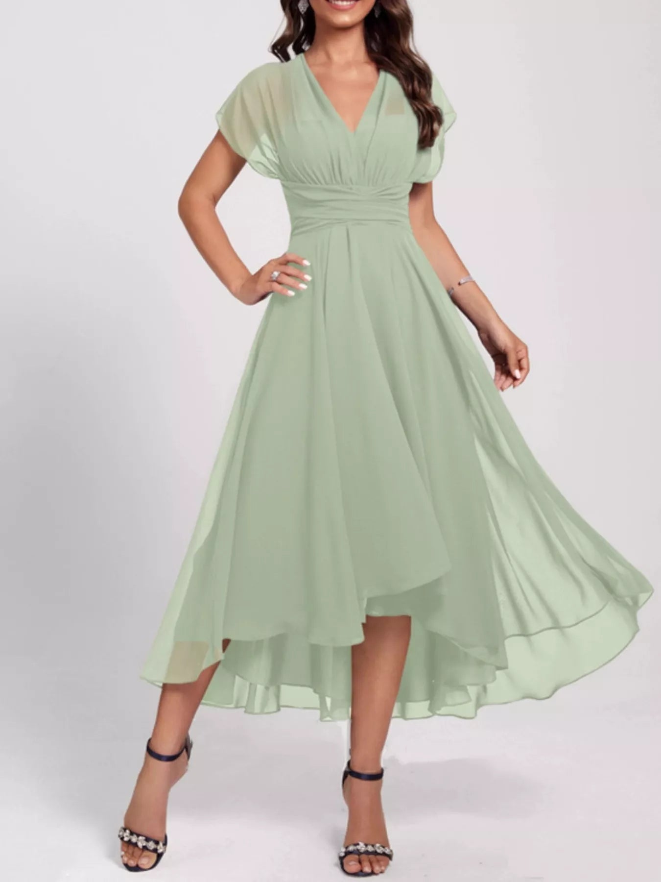 Ruched A-Line Midi Dress Light Green Fitggins