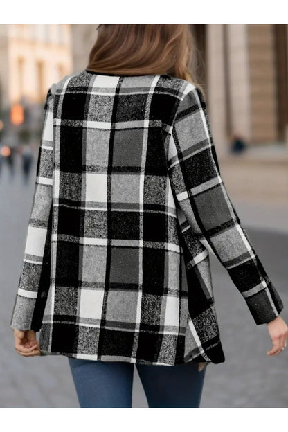 Plaid Open Front Long Sleeve Jacket - Jackets - FITGGINS