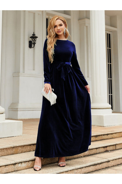 Tie Front Round Neck Long Sleeve Maxi Dress - - FITGGINS