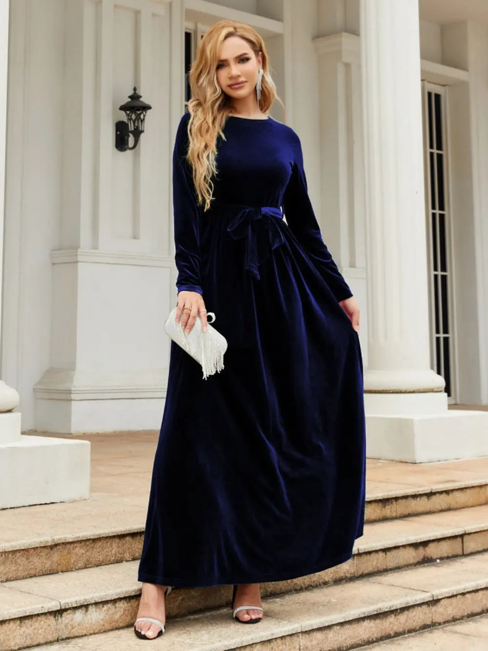 Tie Front Round Neck Long Sleeve Maxi Dress Dark Blue Fitggins