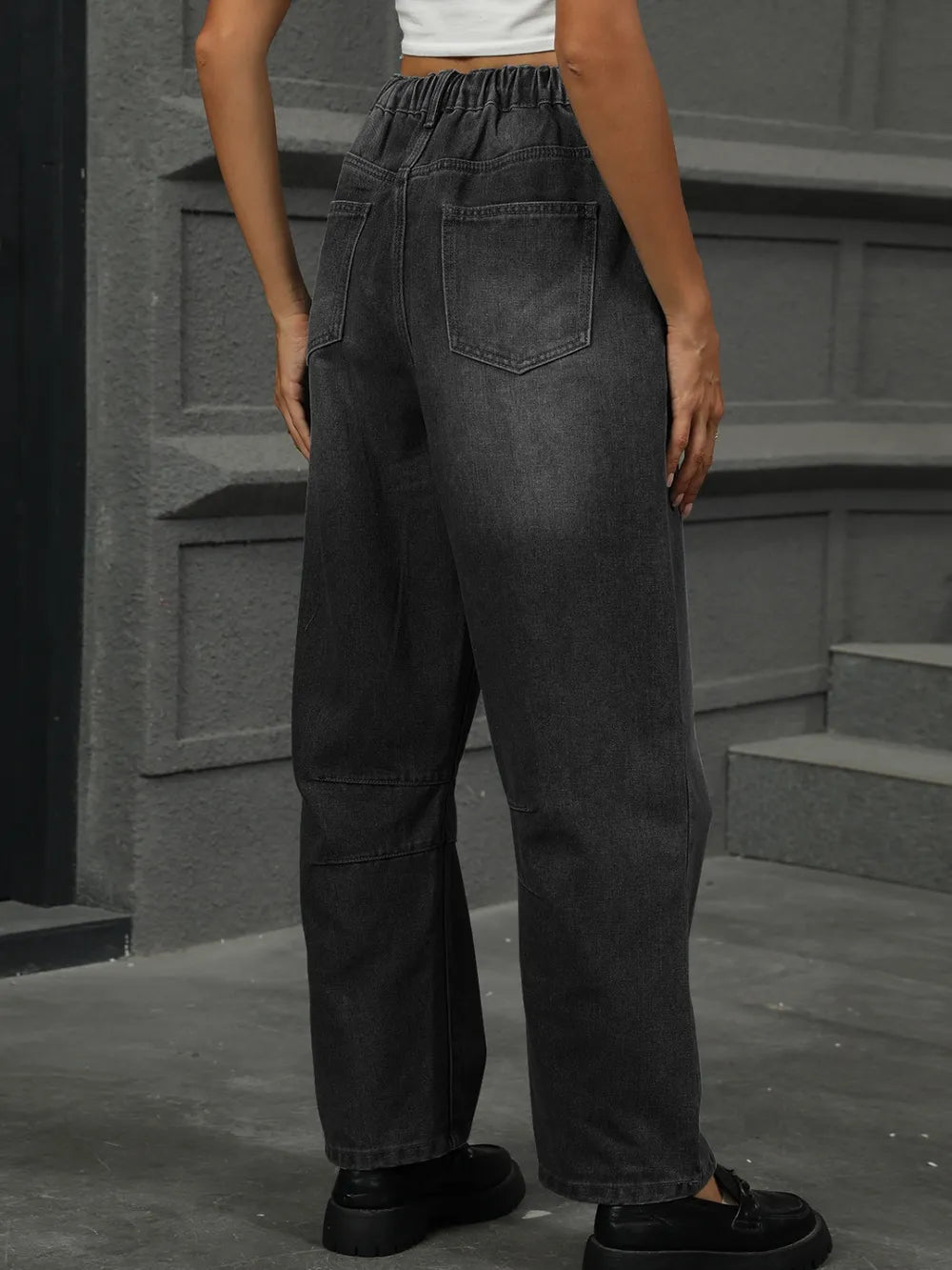 Half Elastic Waist Straight Leg Jeans Medium Fitggins