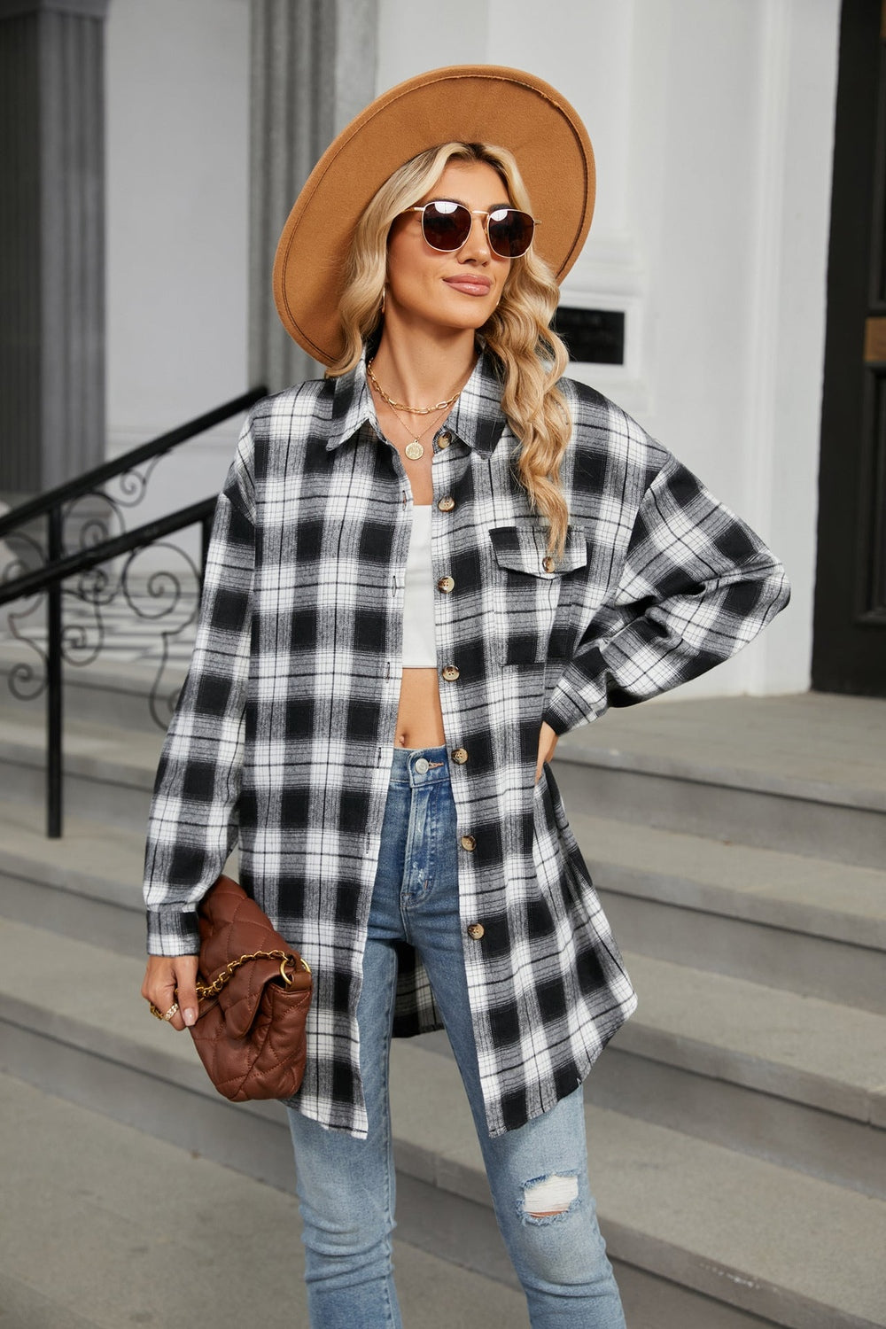 Plaid Collared Neck Long Sleeve Shirt - Shirts - FITGGINS