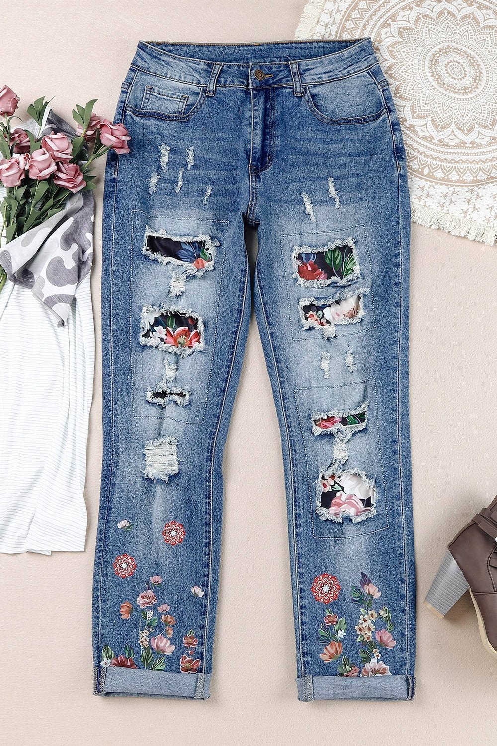 Floral Graphic Patchwork Distressed Jeans - Jeans - FITGGINS