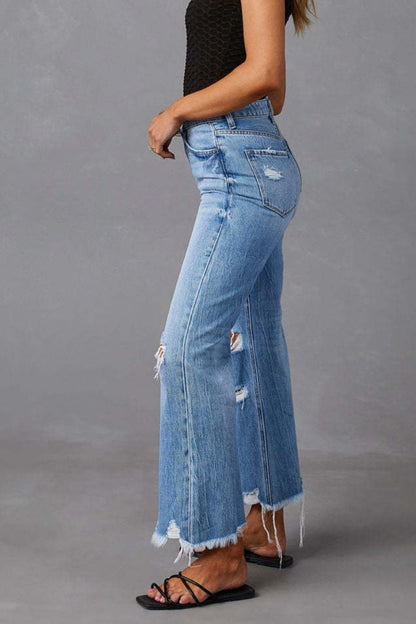 Distressed Raw Hem Jeans with Pockets - Jeans - FITGGINS