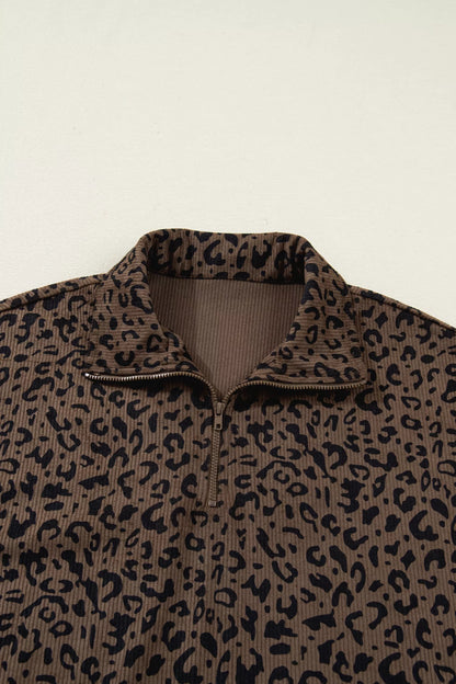 Leopard Print Quarter Zip Corduroy Sweatshirt Fitggins