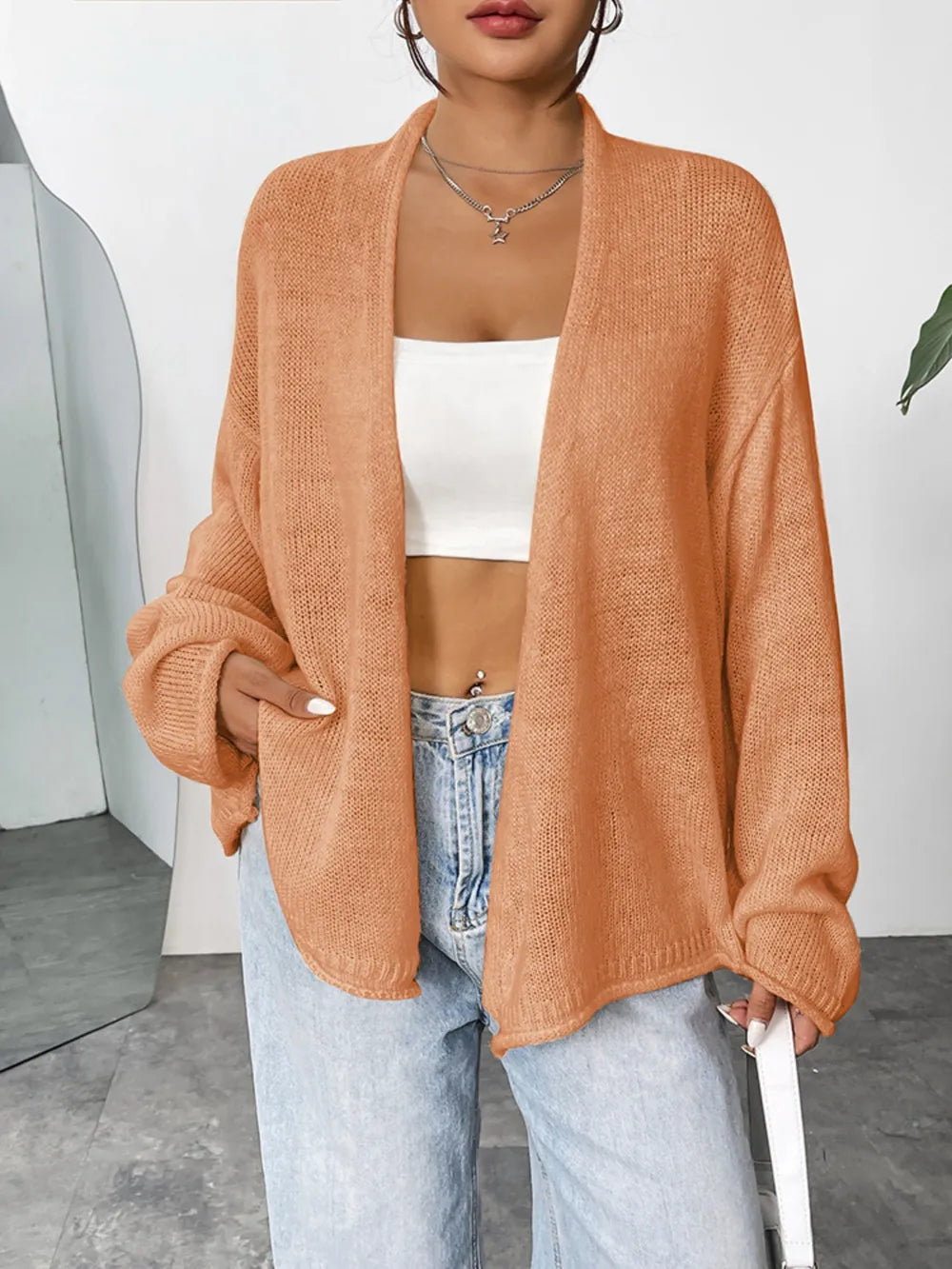 Open Front Dropped Shoulder Cardigan Sherbet Fitggins