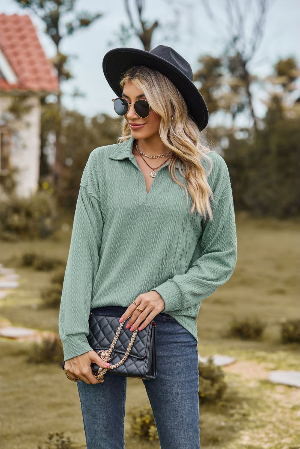 Collared Neck Cable-Knit Long Sleeve Blouse Fitggins
