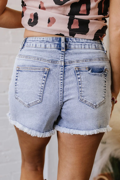 Pearl Studded Pockets Raw Hem Denim Shorts Fitggins