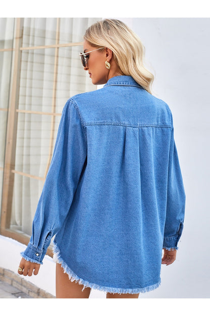 Raw Hem Button Up Long Sleeve Denim Jacket with Sequin Pockets - Denim Jackets - FITGGINS