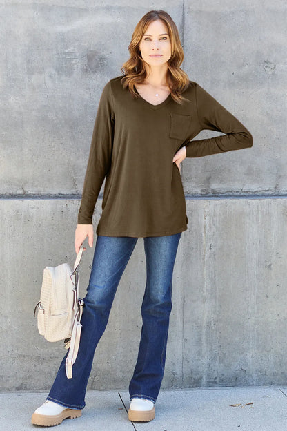 Basic Bae Full Size V-Neck Long Sleeve Top Fitggins