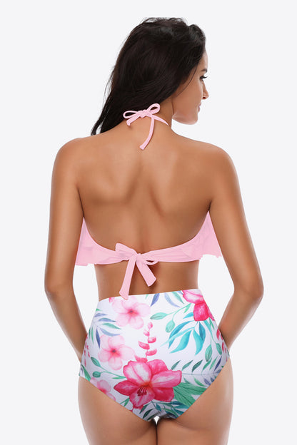 Two-Tone Ruffled Halter Neck Two-Piece Swimsuit - Bikinis & Tankinis - FITGGINS