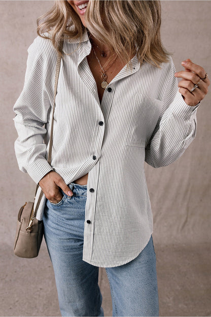 Pocketed Striped Collared Neck Long Sleeve Shirt - Shirts - FITGGINS