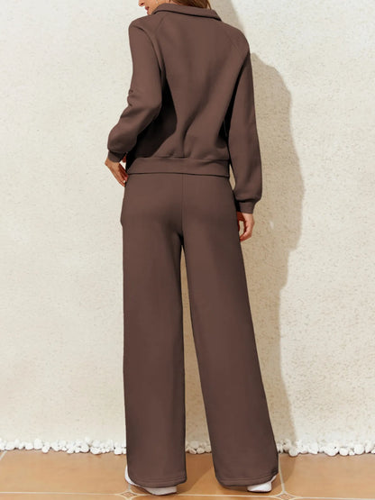 Collared Sweatshirt and High Waist Pants Active Set Fitggins