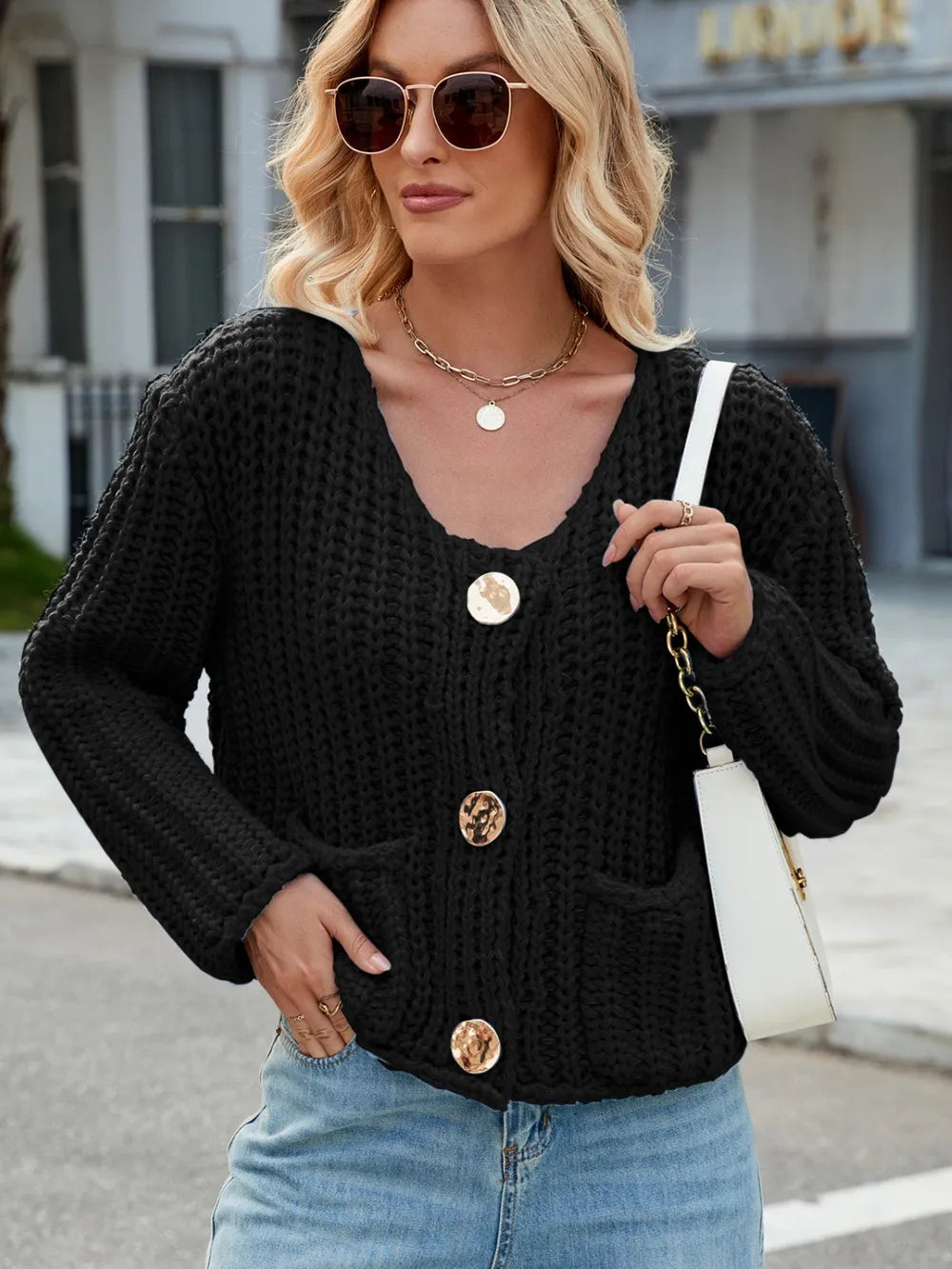 Round Neck Button Up Cardigan with Pockets Fitggins