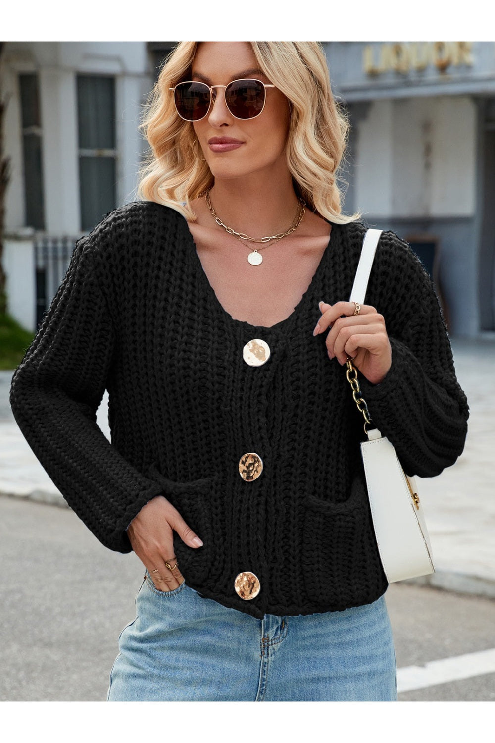 Round Neck Button Up Cardigan with Pockets - Cardigans - FITGGINS